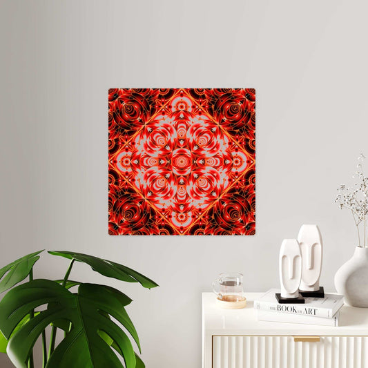 Red kaleidoscope mandala acrylic wall art panel with white backing and brushed silver stand-offs