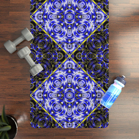 Blue Mandala Rubber Yoga Mat with non-slip natural rubber base and geometric pattern