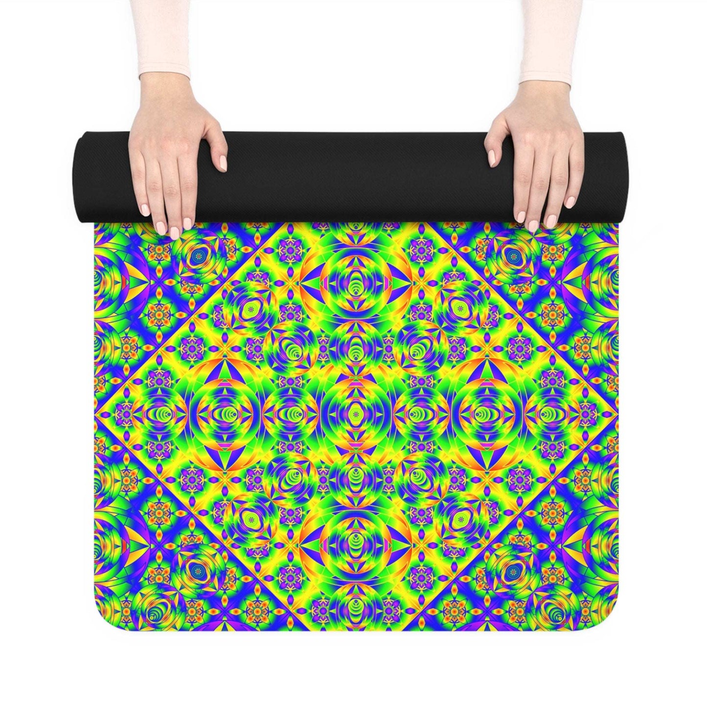 Vibrant Geometric Rubber Yoga Mat — Neon Mosaic Fitness Mat