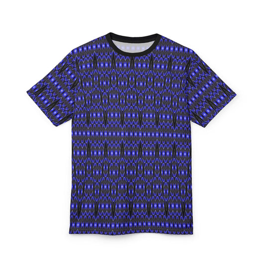 Blue Tribal Geometric All-Over Print Tee — Bold Patterned Graphic Shirt
