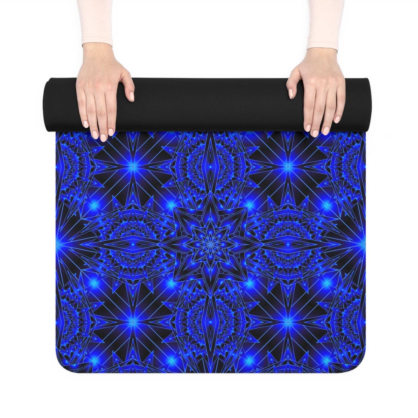 Blue Kaleidoscope Rubber Yoga Mat — Non-Slip Mandala Pattern for Pilates & Meditation