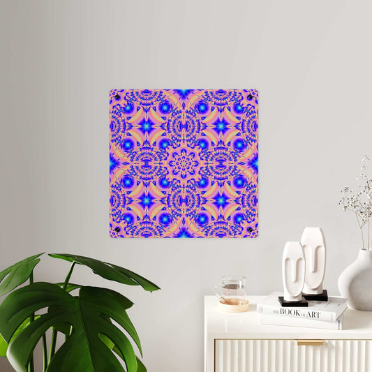 Vibrant acrylic wall art panel with kaleidoscopic psychedelic design in blues, peaches, and purples mounted on silver stand-offs