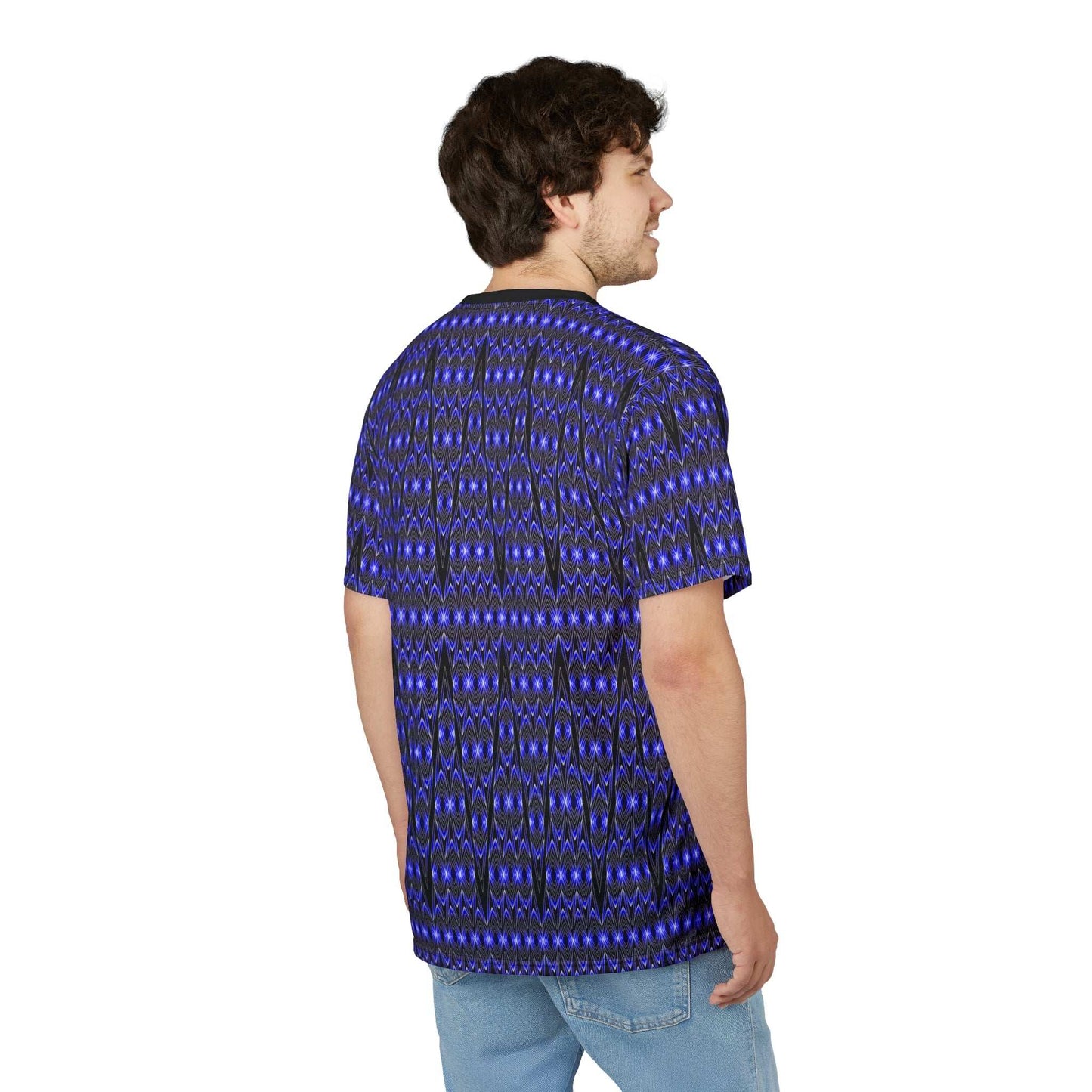 Blue Tribal Geometric All-Over Print Tee — Bold Patterned Graphic Shirt