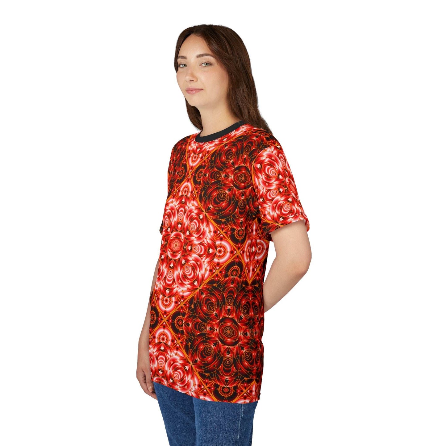 All-Over Red Kaleidoscope Tee — Vibrant Psychedelic Pattern Shirt