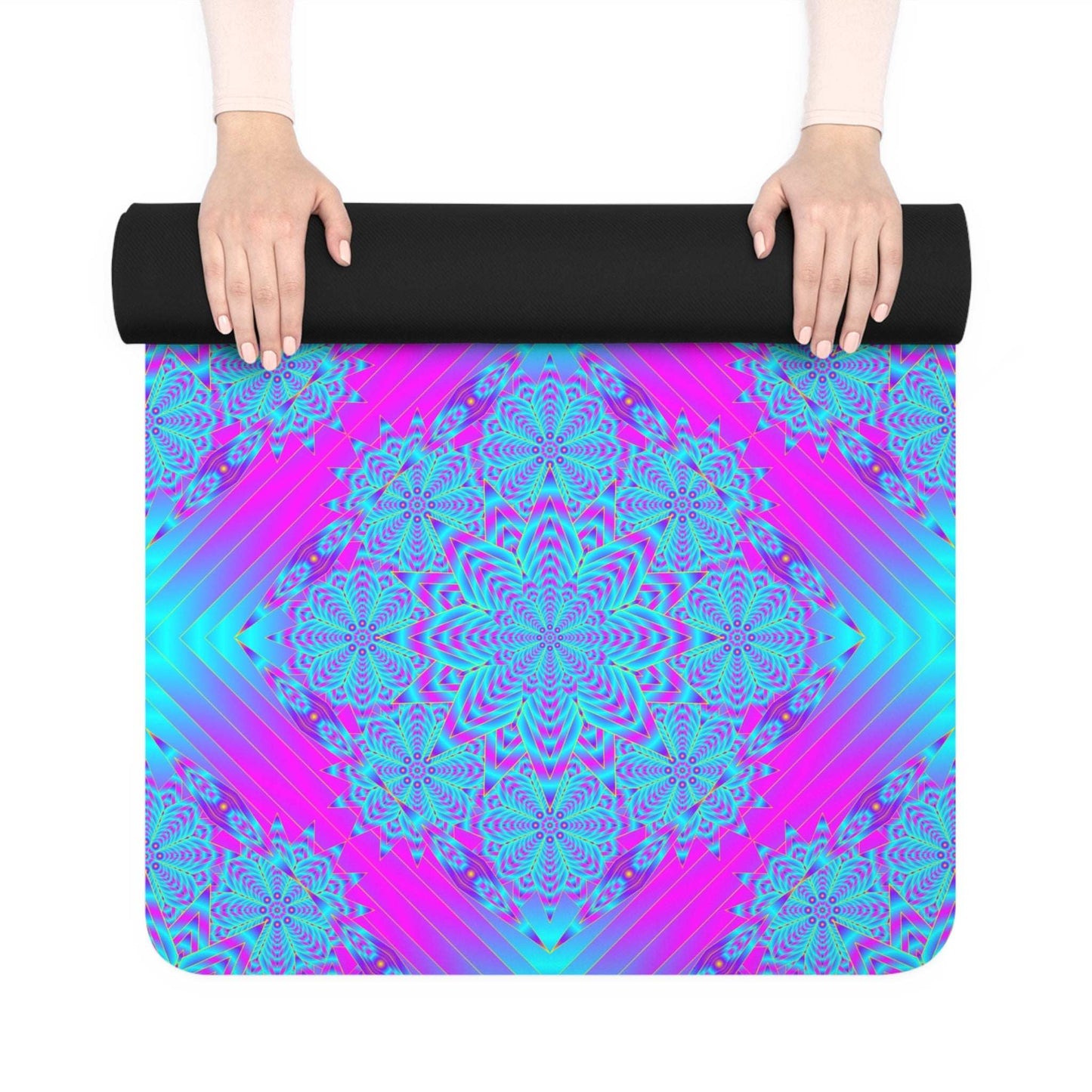 Vibrant Mandala Rubber Yoga Mat — Neon Turquoise & Pink Pattern