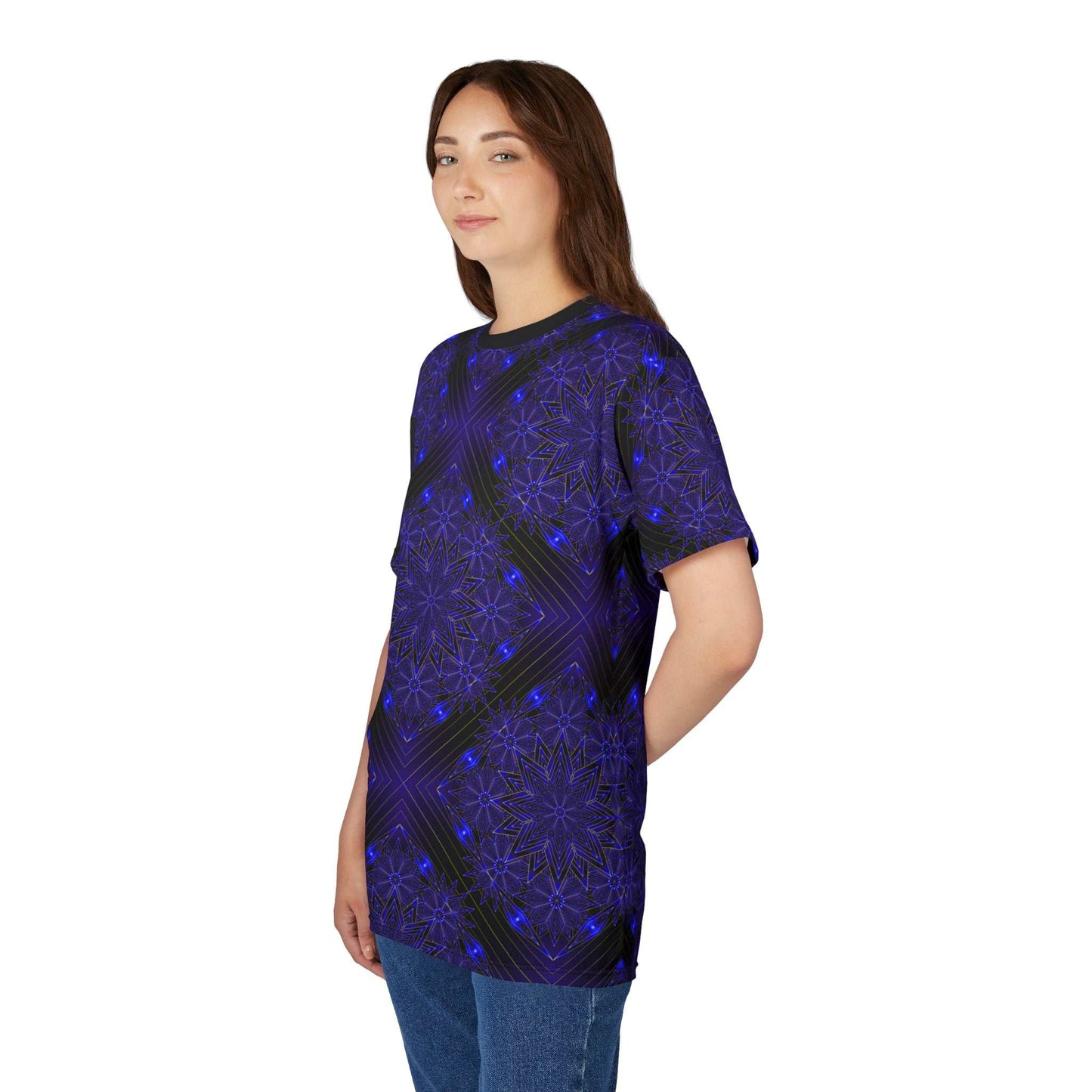 All-Over Blue Mandala Tee — Psychedelic Geometric Pattern Shirt