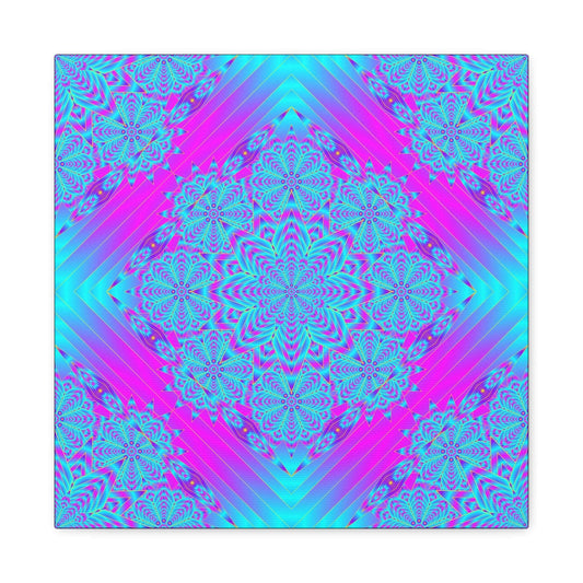 Vibrant Neon Mandala Canvas Art – Turquoise & Magenta Stretched Wall Decor