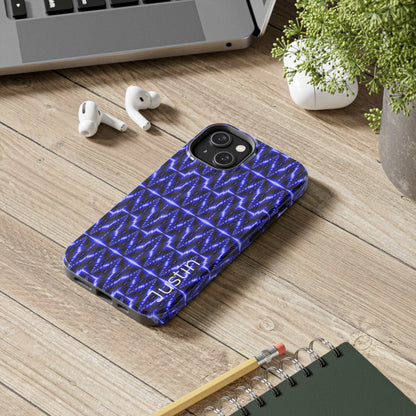 Tough phone case with electric blue geometric pattern and durable shock-absorbing design