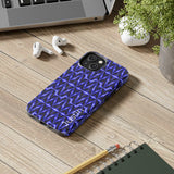 Tough phone case with electric blue geometric pattern and durable shock-absorbing design