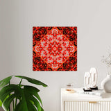 Red kaleidoscope mandala acrylic wall art panel with white backing and brushed silver stand-offs