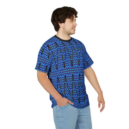Blue Geometric All-Over Print Tee — Abstract Aztec Pattern