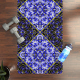 Blue Mandala Rubber Yoga Mat with non-slip natural rubber base and geometric pattern