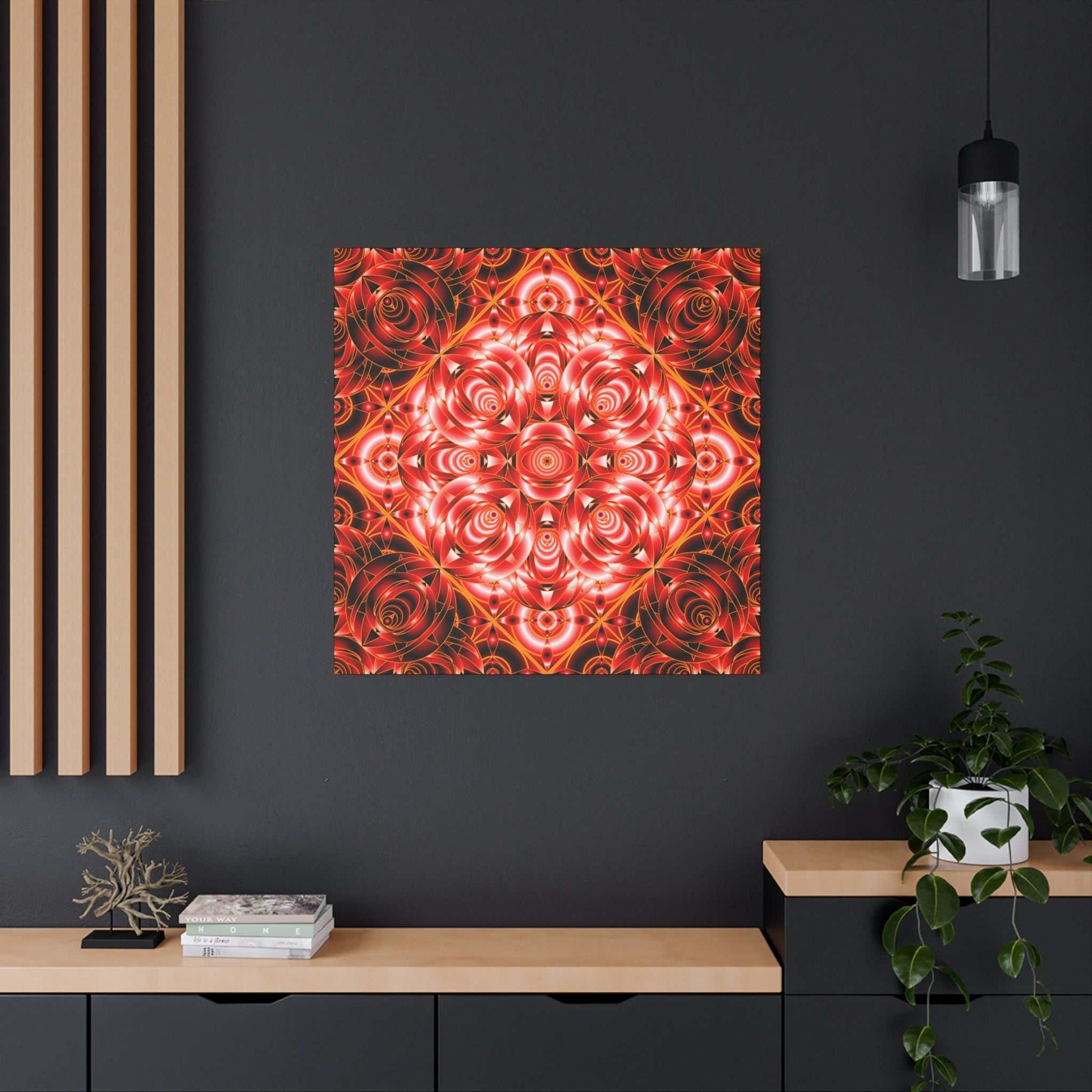 Red Rose Kaleidoscope Canvas wall art with vibrant jewel-toned floral mandala on stretched matte canvas