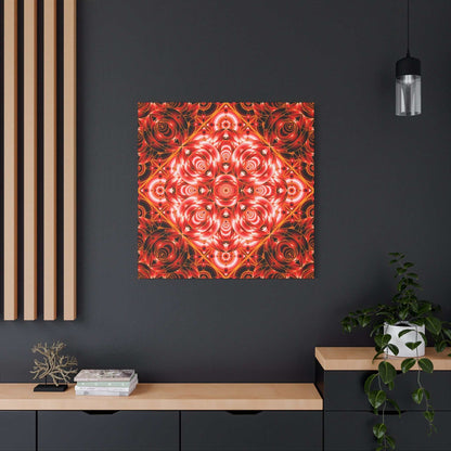 Red Rose Kaleidoscope Canvas wall art with vibrant jewel-toned floral mandala on stretched matte canvas