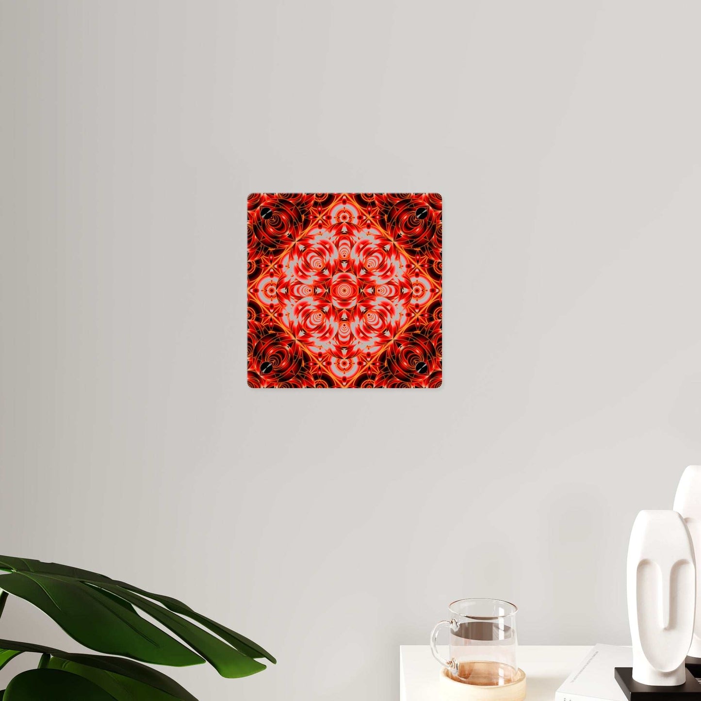 Acrylic Wall Art Panel — Red Kaleidoscope Mandala Decorative Square