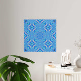 Blue kaleidoscope acrylic wall art panel with geometric mandala design and brushed silver stand-offs
