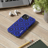 Blue kaleidoscope phone case with personalized name, slim protective design, glossy mandala pattern, impact-resistant, supports wireless charging