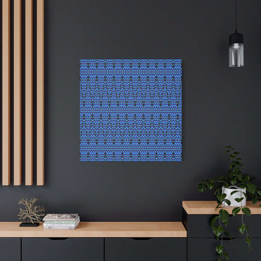Blue geometric pattern on matte stretched canvas wall art with chevron and peak design