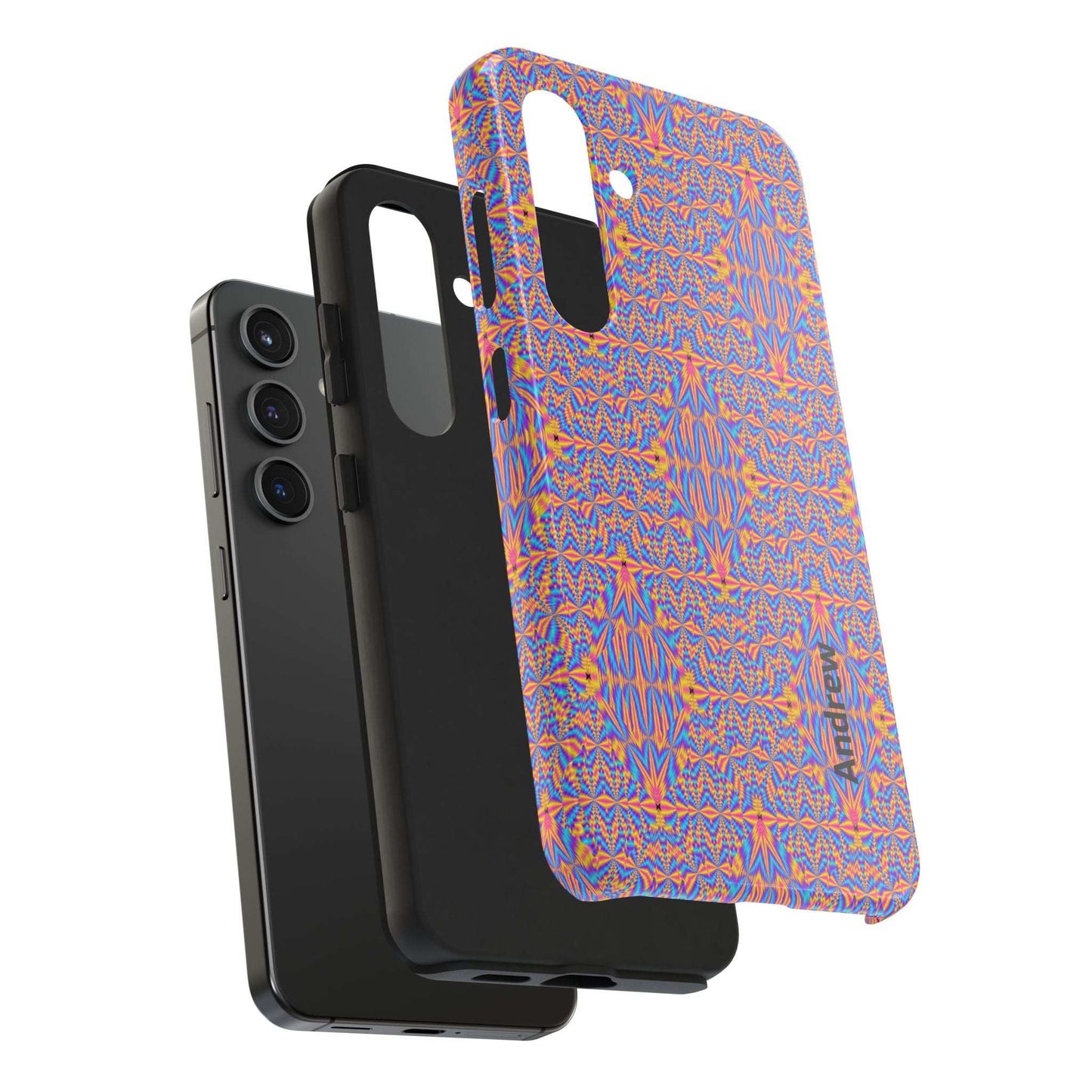 Psychedelic Geometric Tough Phone Case — Vibrant Orange & Purple Protective Cover