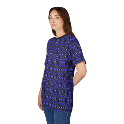 Blue tribal geometric all-over print tee with bold indigo and cobalt pattern