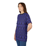 Blue tribal geometric all-over print tee with bold indigo and cobalt pattern
