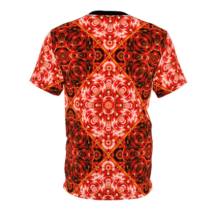 All-Over Red Kaleidoscope Tee — Vibrant Psychedelic Pattern Shirt
