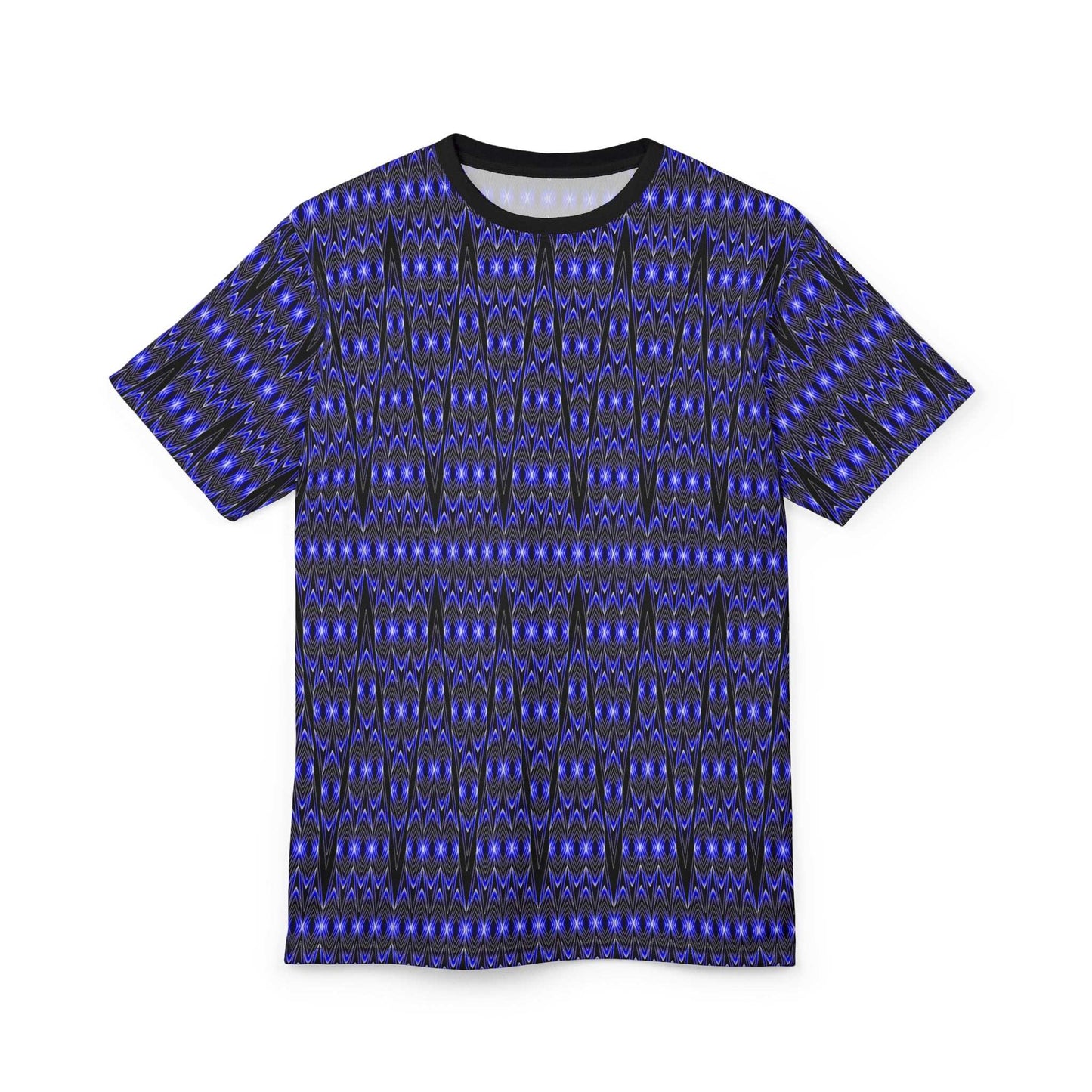 Blue Tribal Geometric All-Over Print Tee — Bold Patterned Graphic Shirt