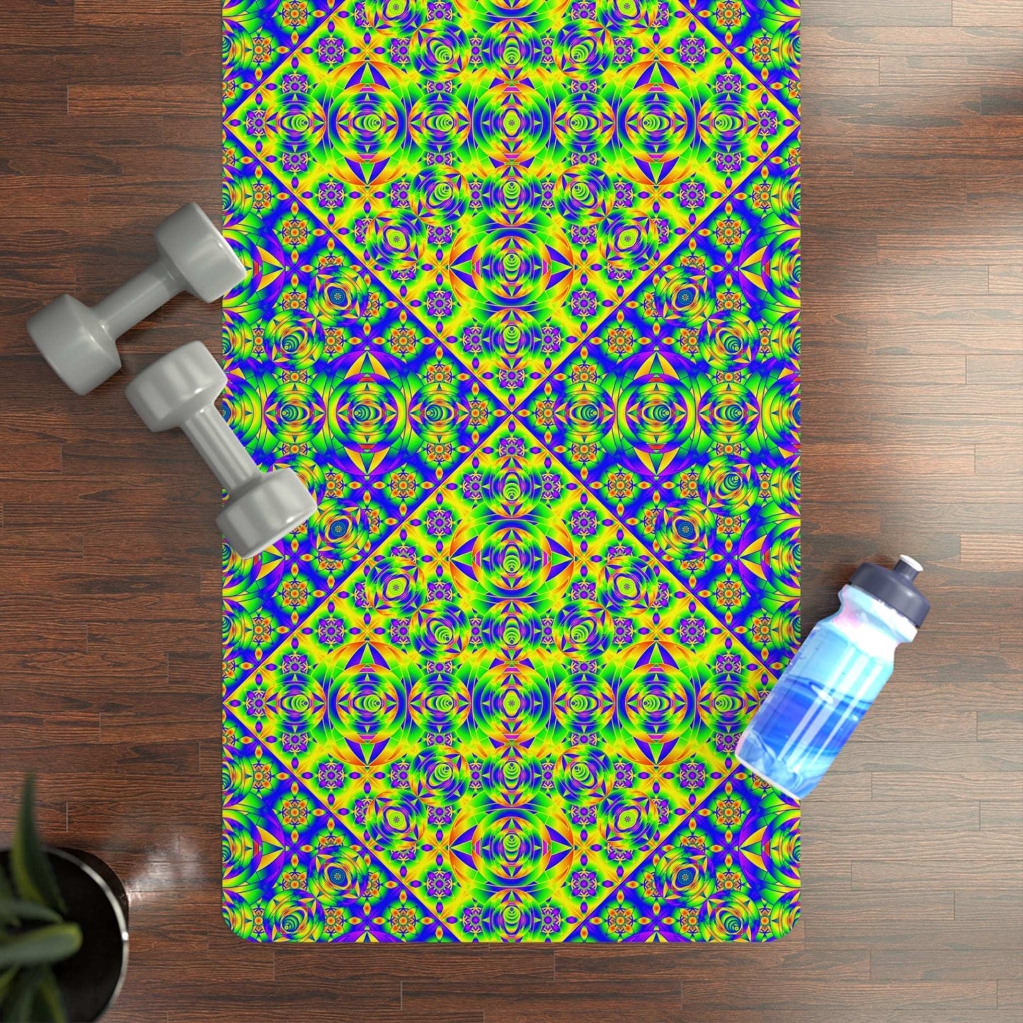 Vibrant geometric rubber yoga mat with neon mosaic pattern and anti-slip natural rubber bottom