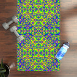 Vibrant geometric rubber yoga mat with neon mosaic pattern and anti-slip natural rubber bottom