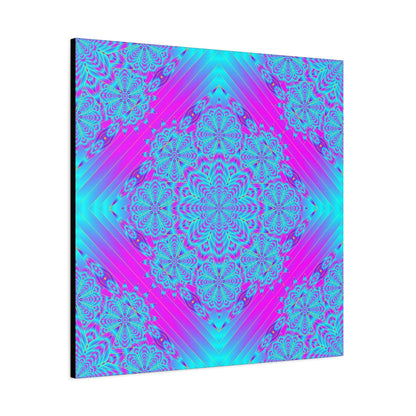 Vibrant Neon Mandala Canvas Art – Turquoise & Magenta Stretched Wall Decor