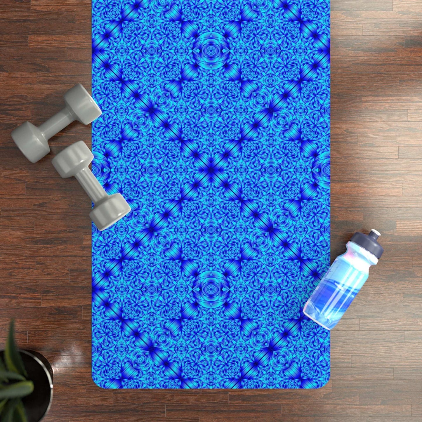 Blue Kaleidoscope Rubber Yoga Mat with non-slip natural rubber base and microfiber suede top, 3mm thick, 24x70 inches