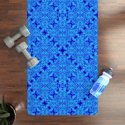 Blue Kaleidoscope Rubber Yoga Mat with non-slip natural rubber base and microfiber suede top, 3mm thick, 24x70 inches