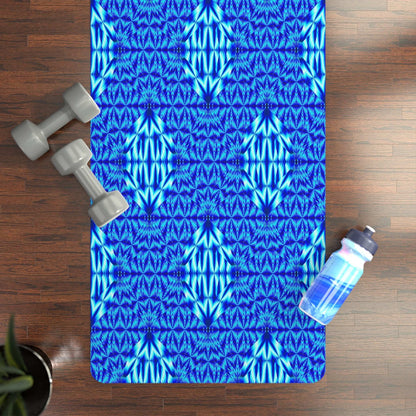Blue tribal pattern rubber yoga mat with non-slip natural rubber bottom and microfiber suede top