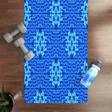 Blue tribal pattern rubber yoga mat with non-slip natural rubber bottom and microfiber suede top