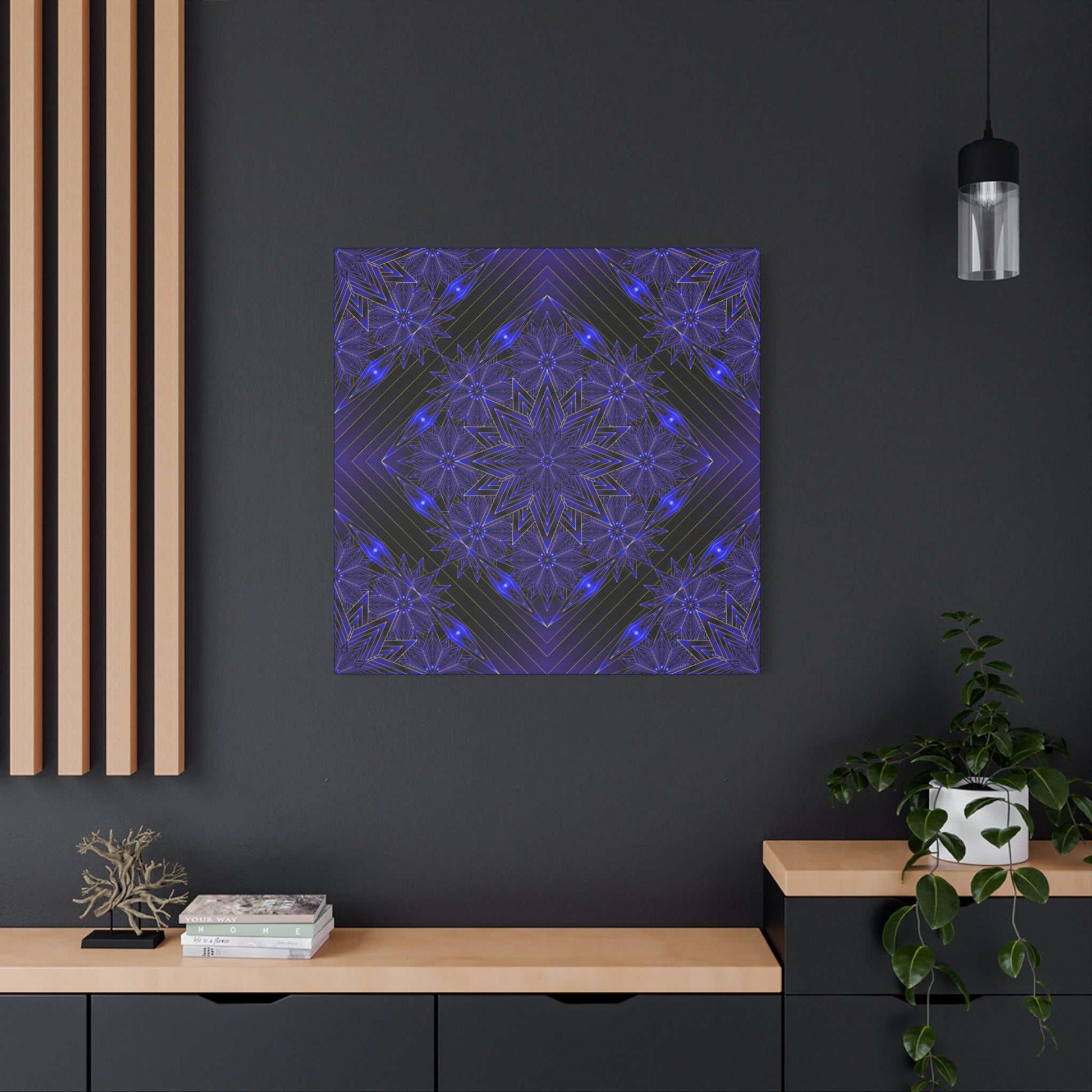Galactic Mandala deep purple geometric matte canvas wall art on 1.25-inch pine frame