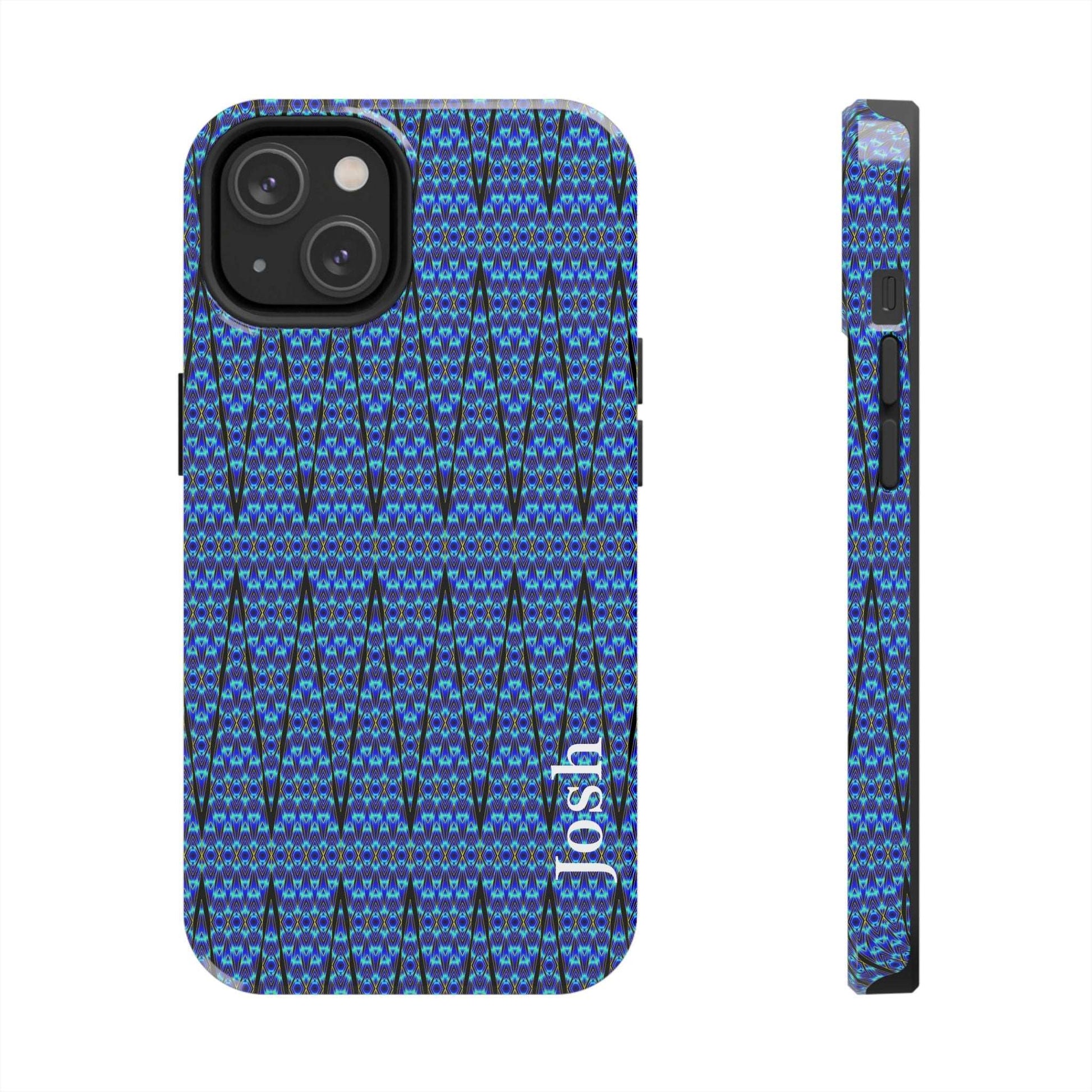 Slim blue geometric tough phone case with glossy finish and rubber liner for iPhone protection