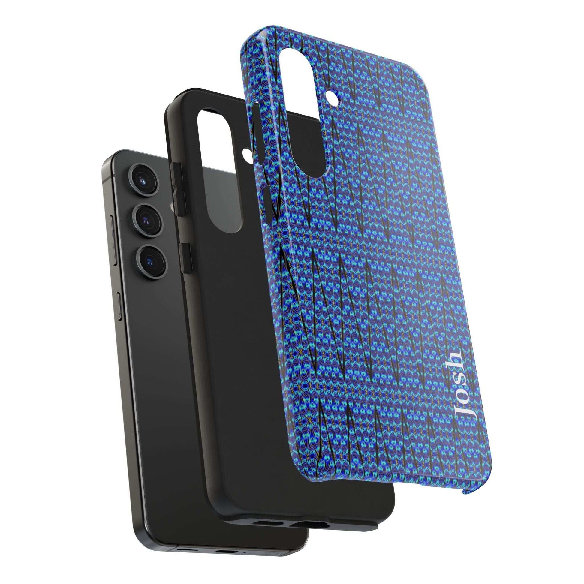 Slim blue geometric tough phone case with glossy finish and rubber liner for iPhone protection