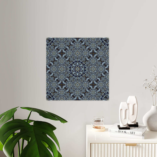 Acrylic wall art panel with blue kaleidoscope geometric pattern mounted on silver stand-offs