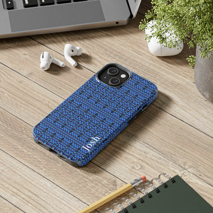 Slim blue geometric tough phone case with glossy finish and rubber liner for iPhone protection