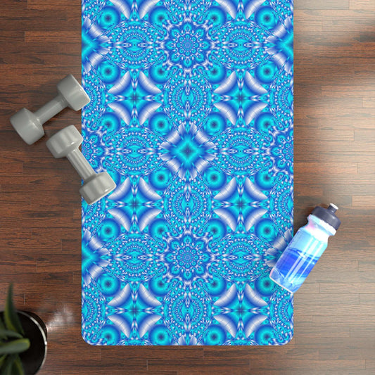 Blue Mandala Rubber Yoga Mat with non-slip natural rubber base and plush microfiber suede top, featuring vibrant ocean-blue mandala design and included carrying strap.