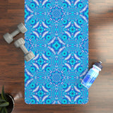 Blue Mandala Rubber Yoga Mat with non-slip natural rubber base and plush microfiber suede top, featuring vibrant ocean-blue mandala design and included carrying strap.