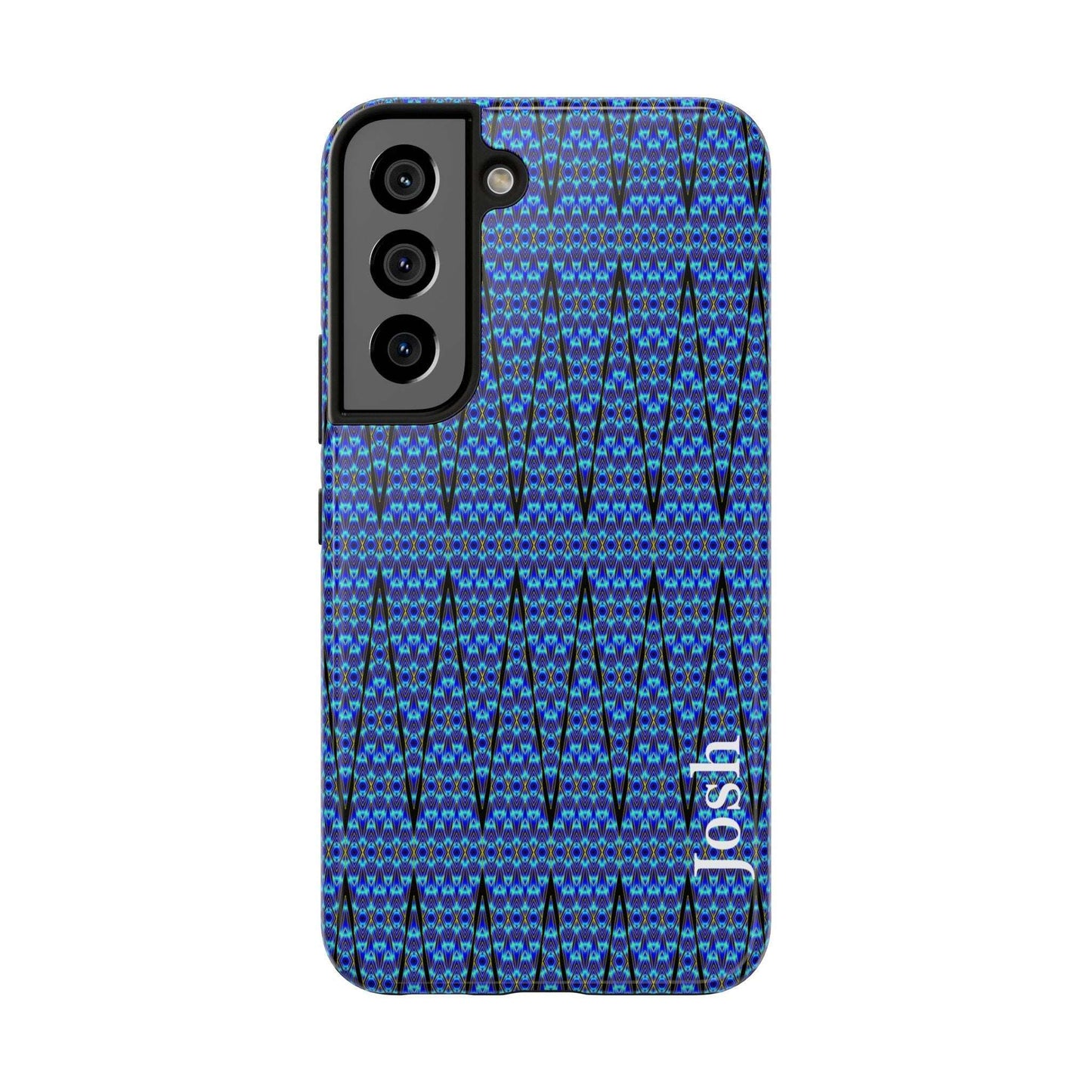Slim blue geometric tough phone case with glossy finish and rubber liner for iPhone protection