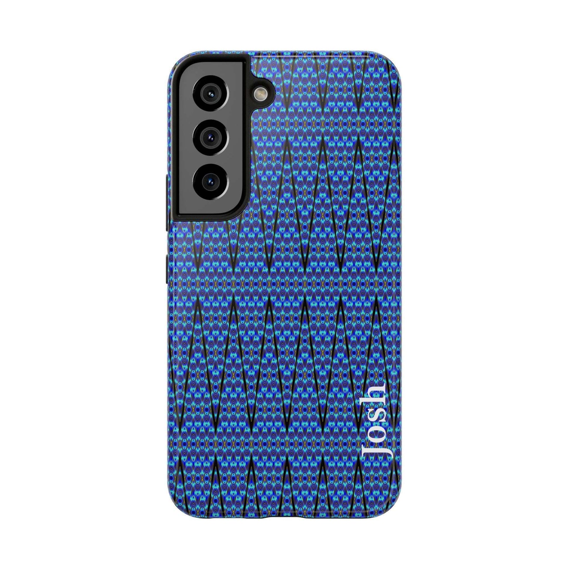 Slim blue geometric tough phone case with glossy finish and rubber liner for iPhone protection