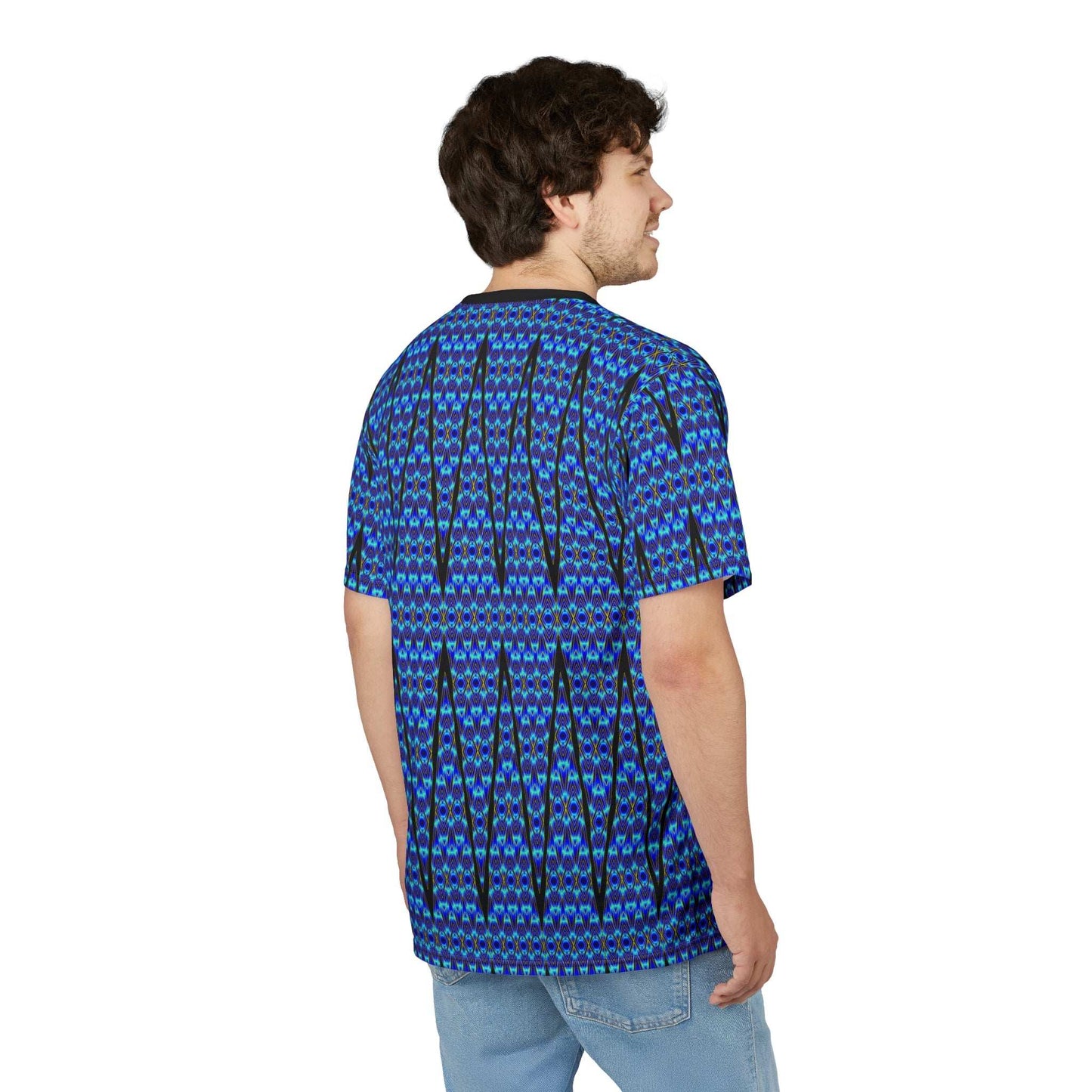 Blue Geometric All-Over Print Tee — Abstract Aztec Pattern