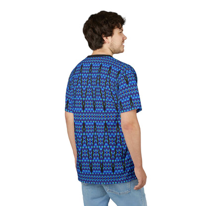 Blue Geometric All-Over Print Tee — Abstract Aztec Pattern