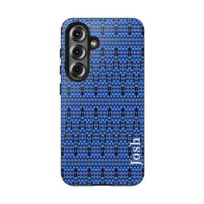 Slim blue geometric tough phone case with glossy finish and rubber liner for iPhone protection