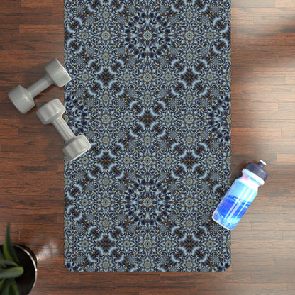 Blue mosaic mandala rubber yoga mat with non-slip natural rubber base and microfiber suede top, 24x70 inches