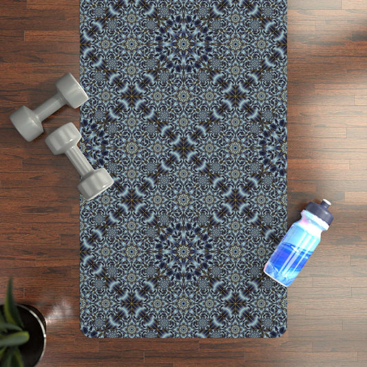 Blue mosaic mandala rubber yoga mat with non-slip natural rubber base and microfiber suede top, 24x70 inches