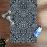 Blue mosaic mandala rubber yoga mat with non-slip natural rubber base and microfiber suede top, 24x70 inches