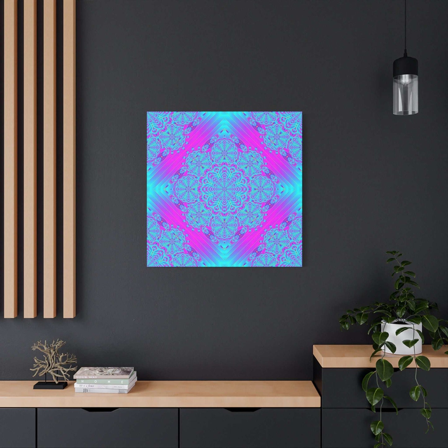 Vibrant Neon Mandala Canvas Art – Turquoise & Magenta Stretched Wall Decor